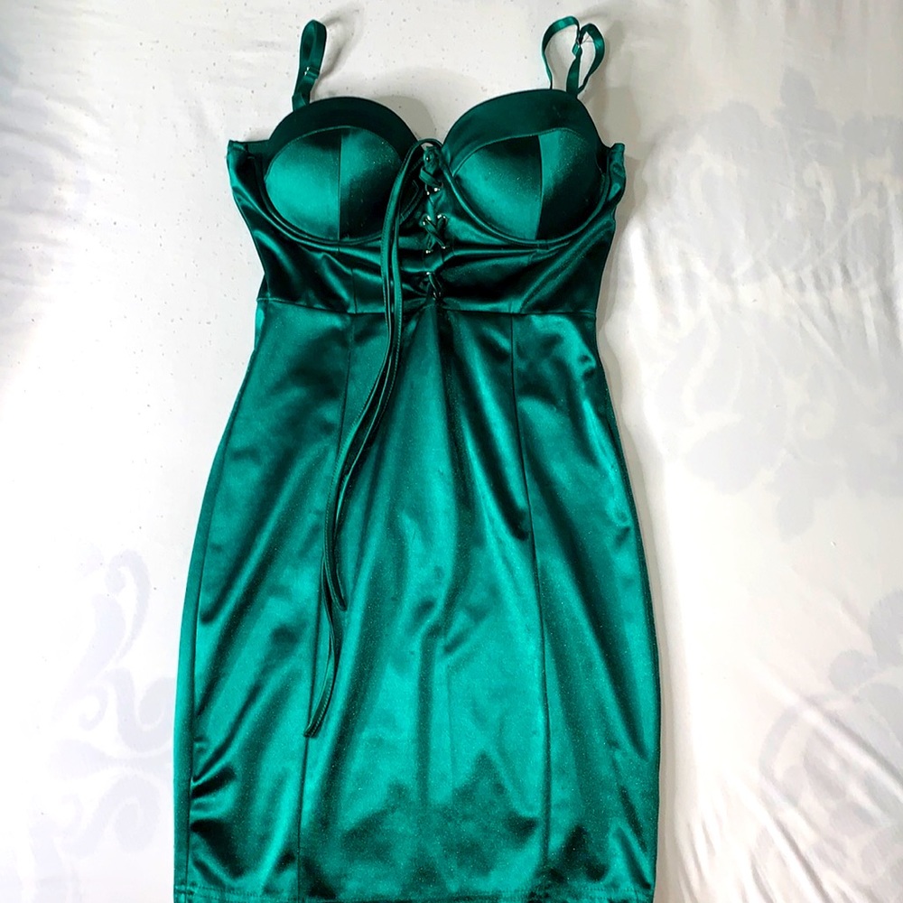 IRIS- Emerald Green Satin Mini Dress.